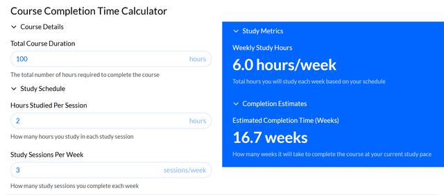 Course Completion Time Calculator template - Made by ActiveCalculator