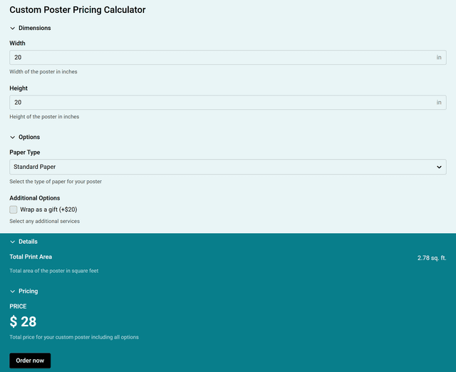Custom Poster Pricing Calculator template - Made by ActiveCalculator
