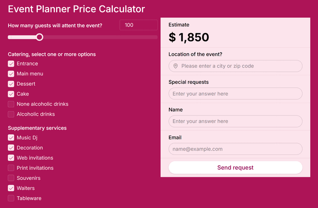 Event Planner Price Calculator template - Made by ActiveCalculator