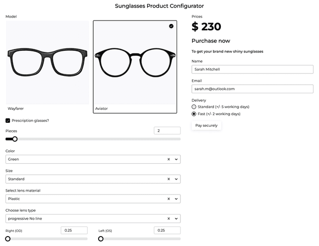 Sunglasses Product Configurator template - Made by ActiveCalculator