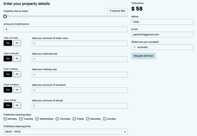 Cleaning Estimate Form template - Made by ActiveCalculator