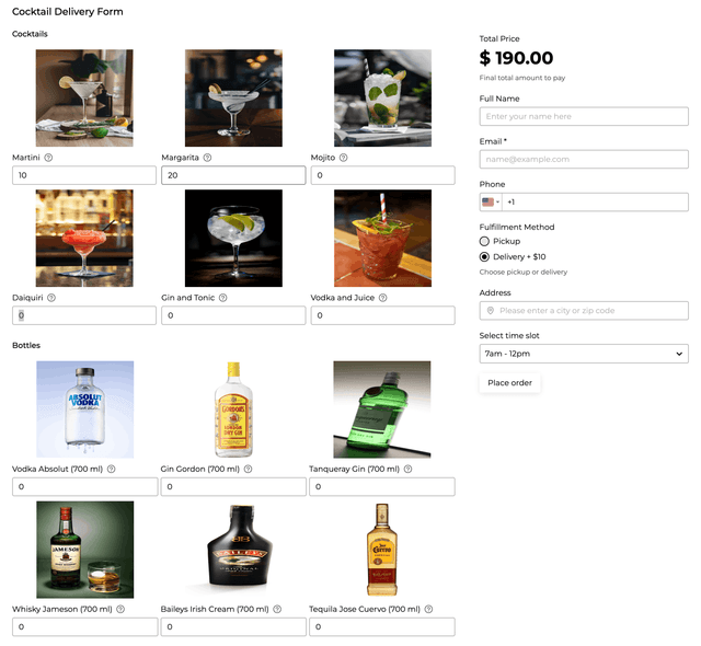 Cocktail Delivery Form template - Made by ActiveCalculator