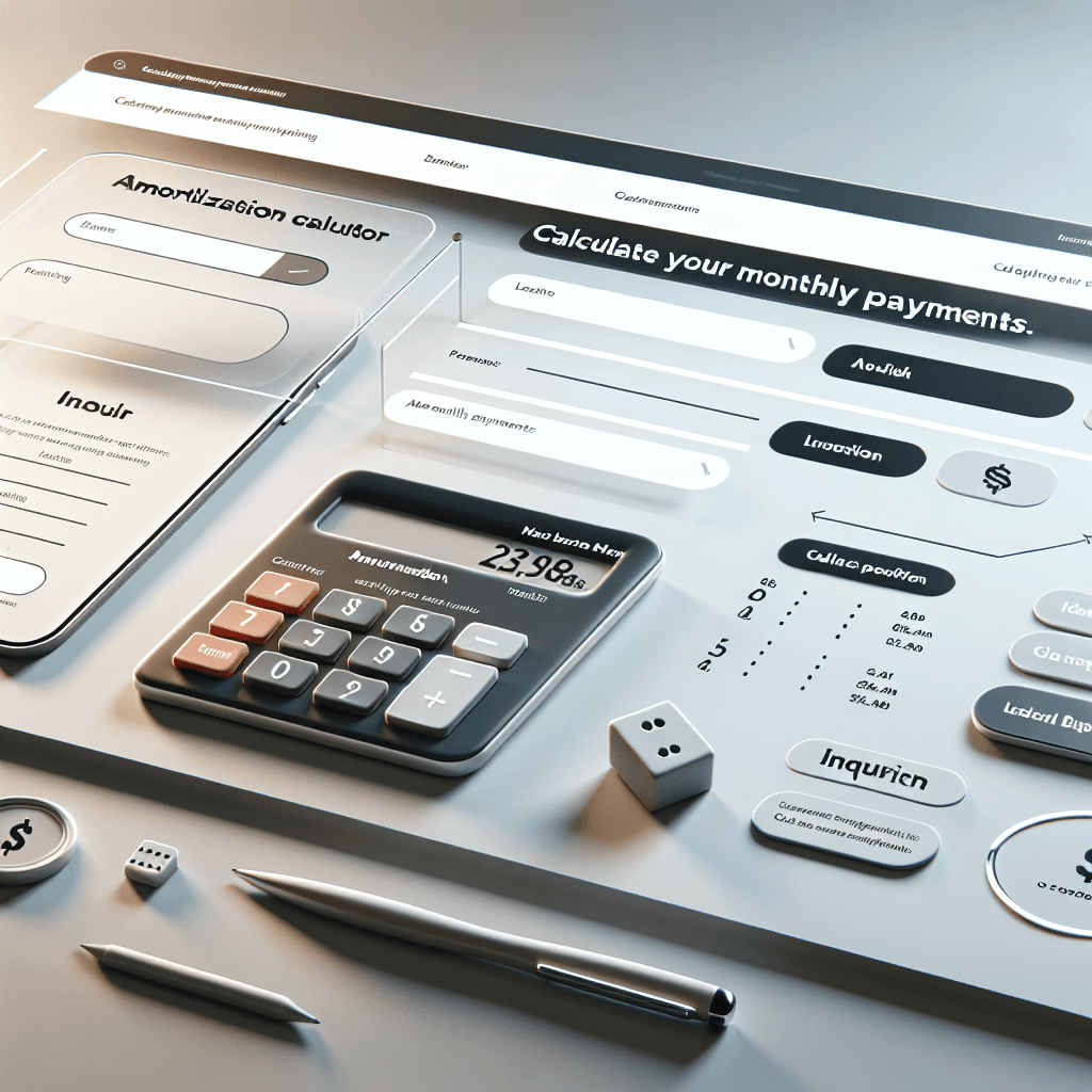 A mockup of a website featuring an amortization calculator with a prominent CTA and a lead capture form.