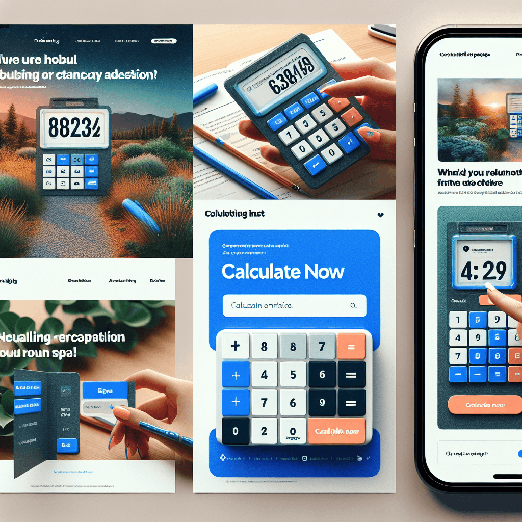 A website mockup showing a calculator strategically placed on a high-traffic page, within relevant content, as an exit-intent popup, and on a dedicated landing page