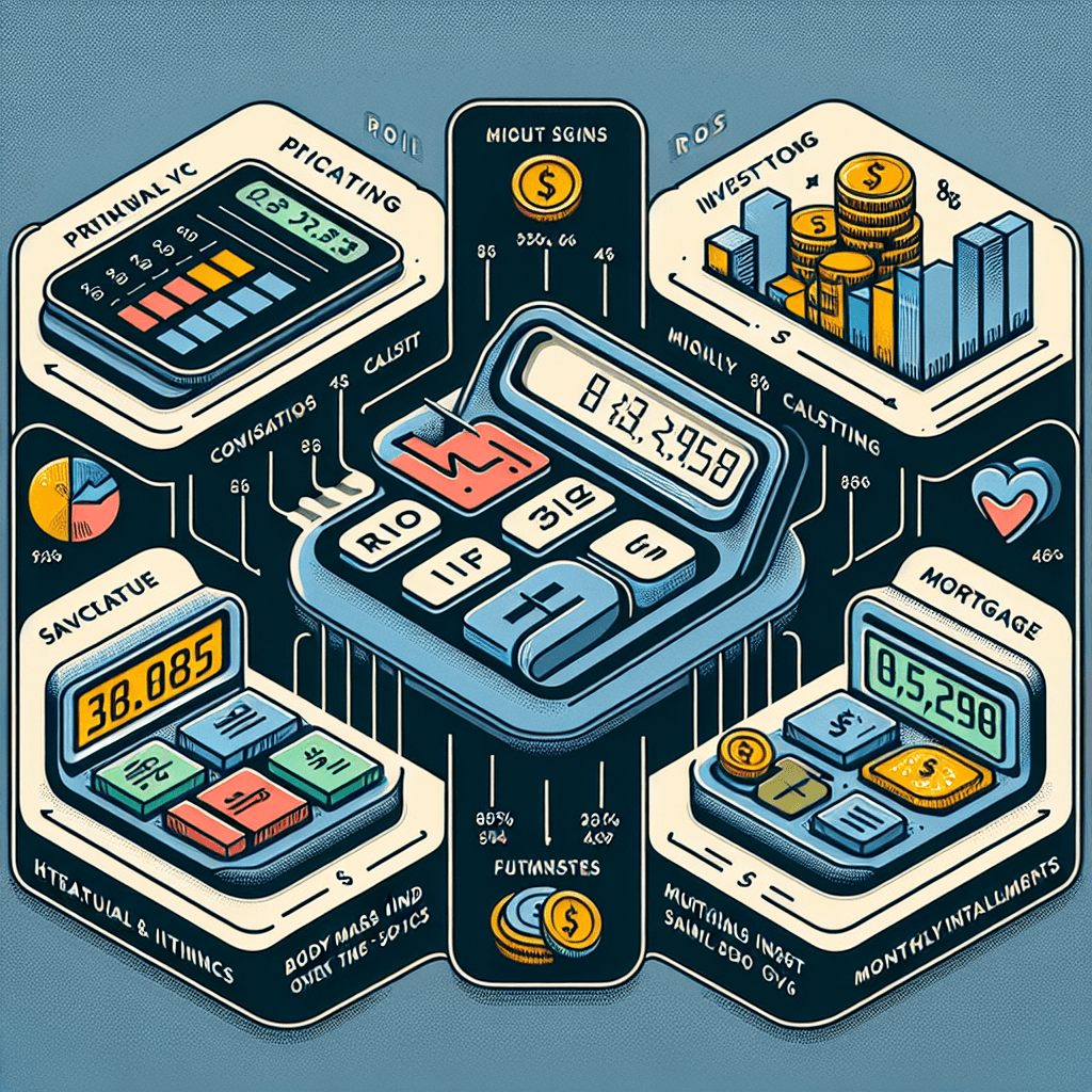 A visual representation of different types of calculators, such as pricing, ROI, savings, health & fitness, and mortgage calculators