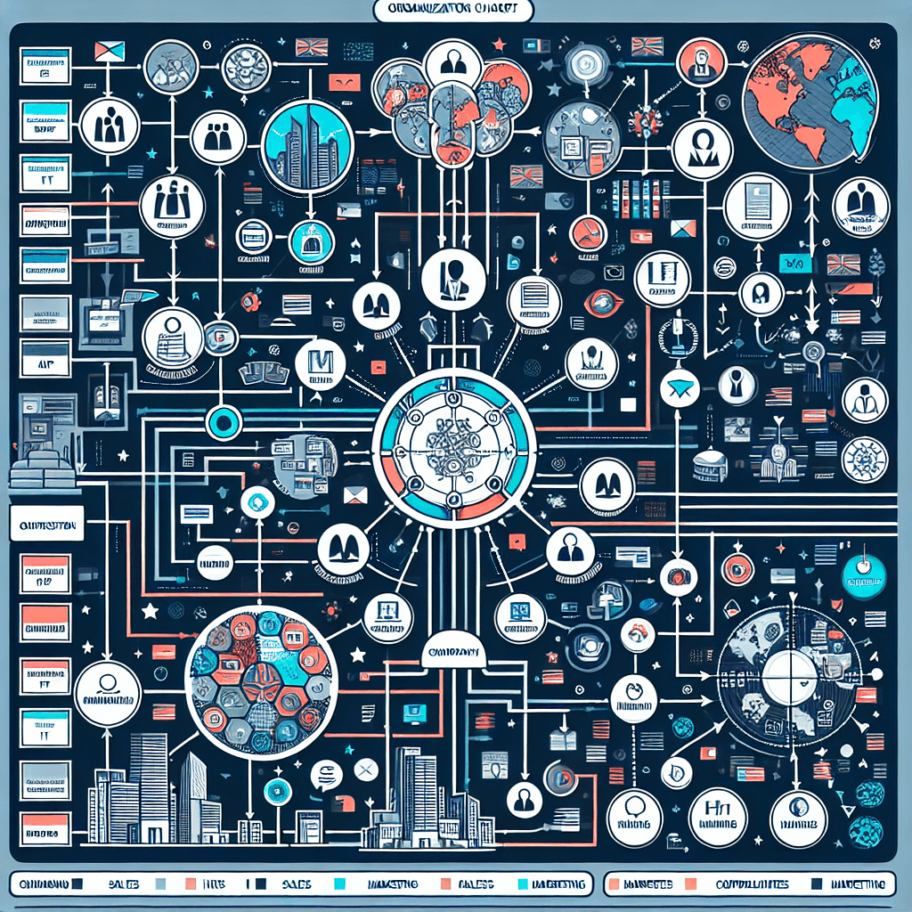 Organization chart showing different departments and geographic locations