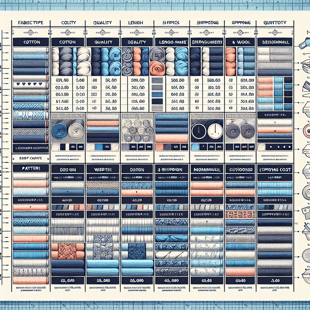 A table comparing the costs of different fabric types and suppliers