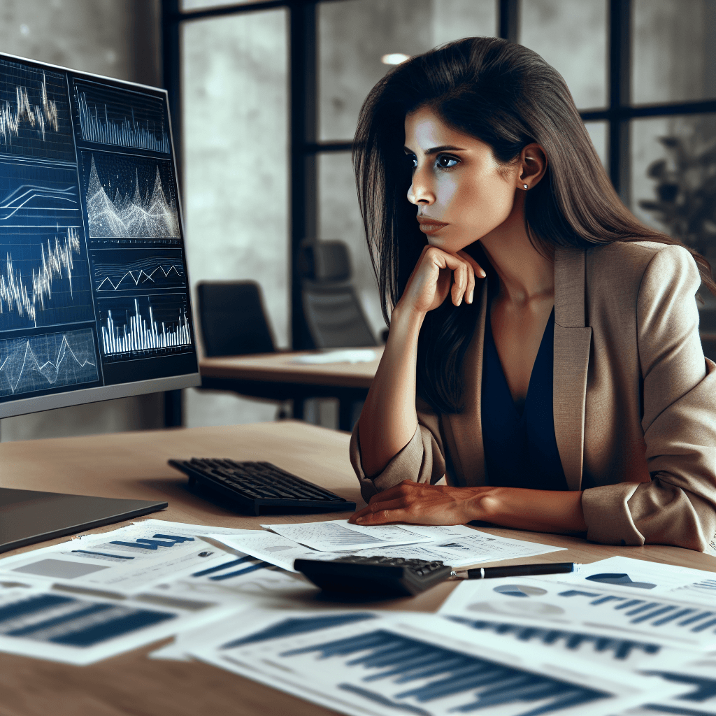 businesswoman analyzing financial data on a computer screen