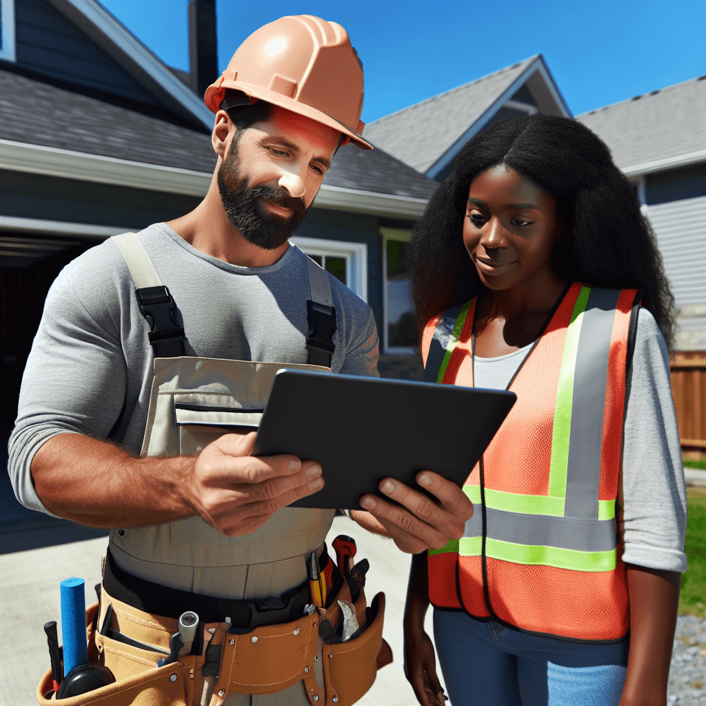 A roofing contractor using a tablet to show a homeowner a roof repair estimate