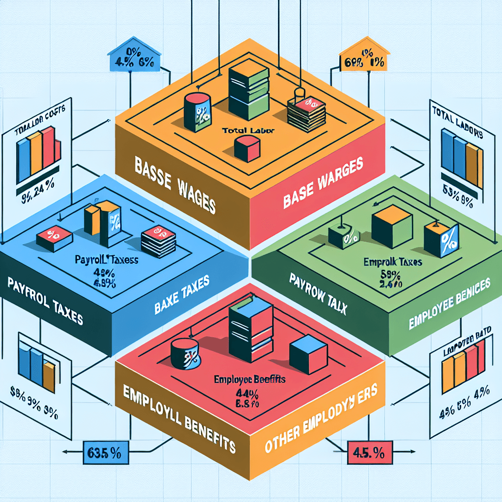 A diagram illustrating the components of the labor burden rate, including base wages, payroll taxes, employee benefits, and other employer-paid expenses