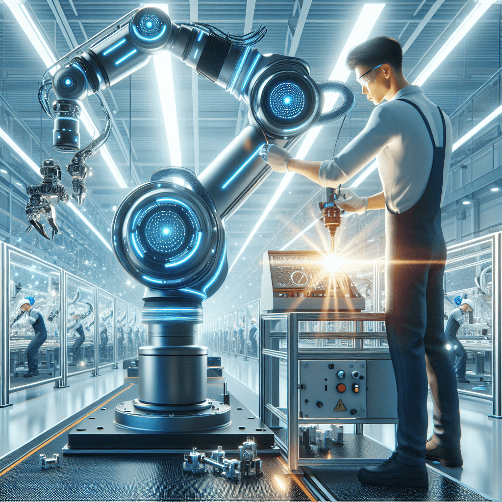 A robot arm working alongside a human worker on an assembly line, illustrating the integration of automation in the workplace