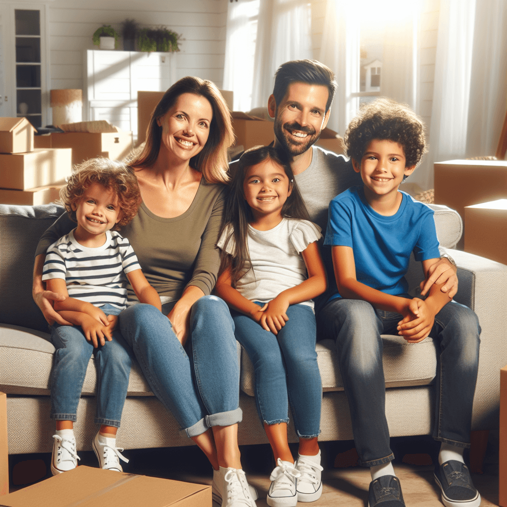 A happy family in their new home, surrounded by boxes and furniture