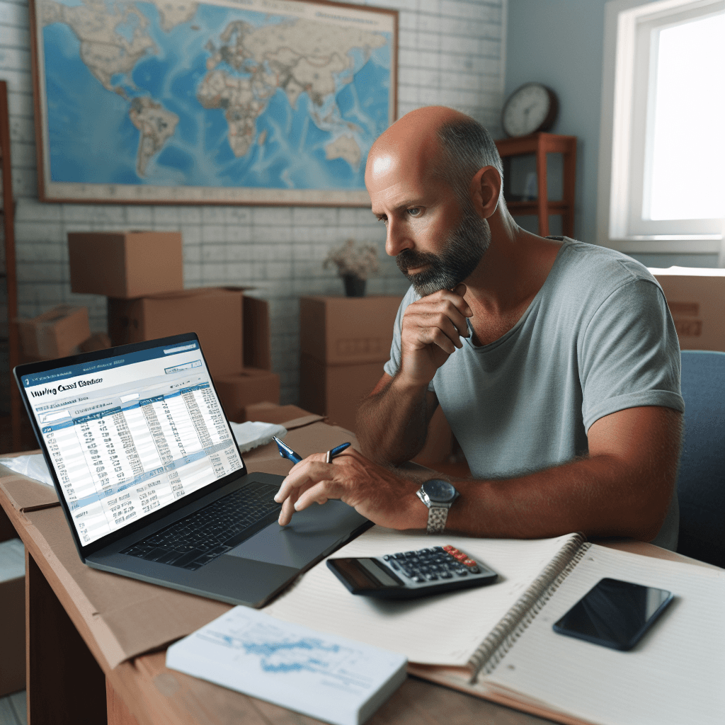 A person creating a moving budget using a spreadsheet and a moving cost estimator