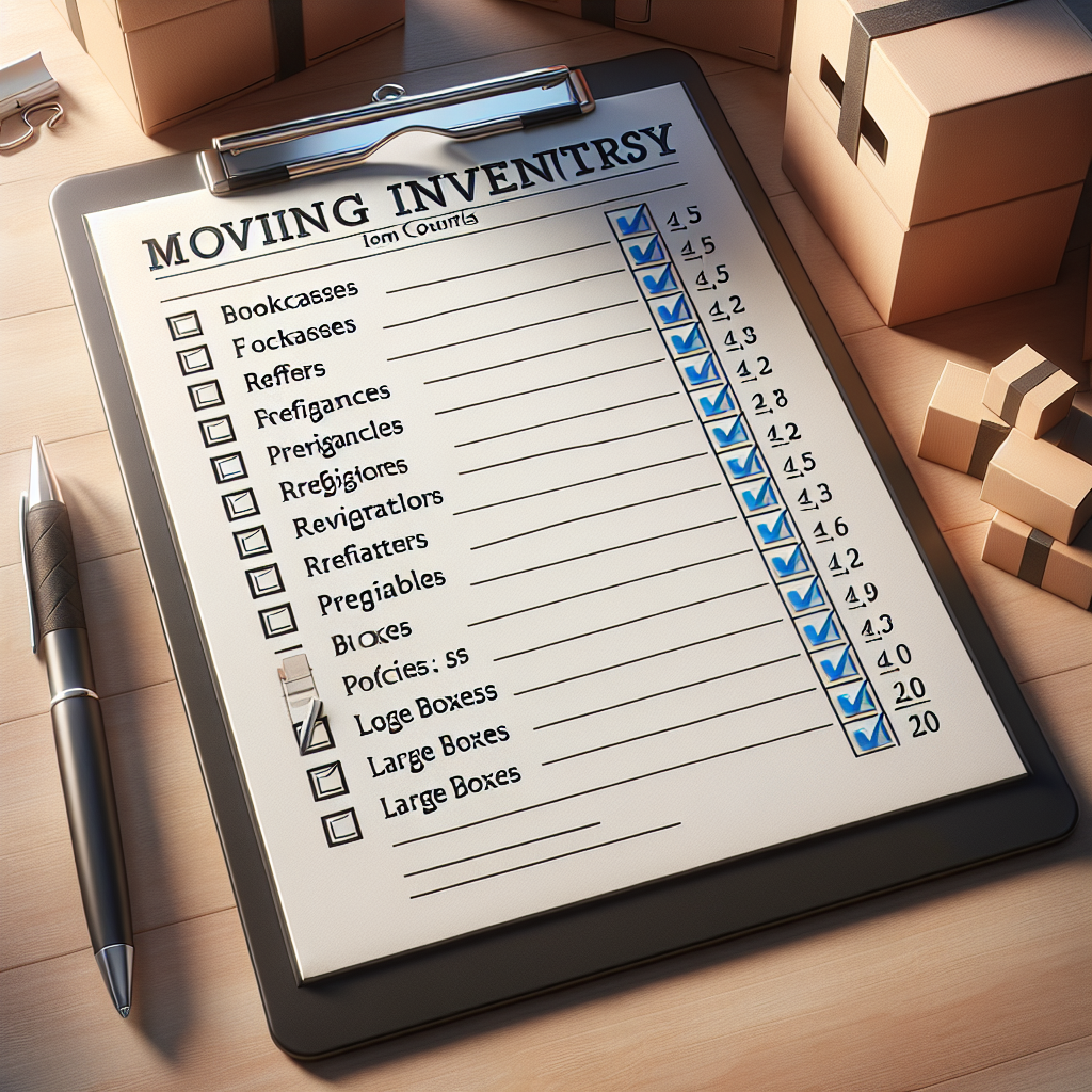 A checklist of items to include in a moving inventory, such as furniture, appliances, and boxes
