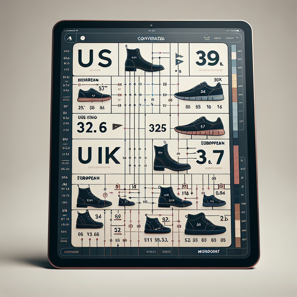 International shoe size conversion chart featuring US, UK, European, and Mondopoint sizes