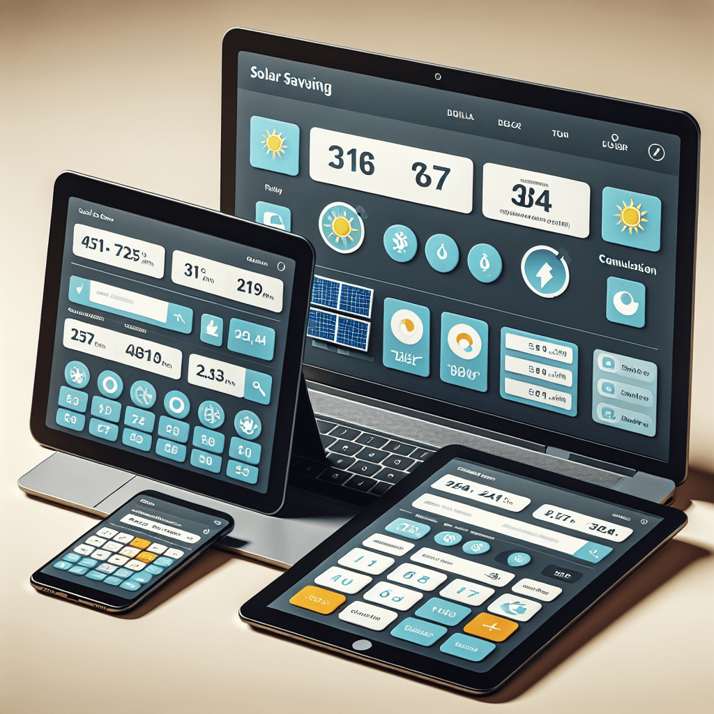 A solar savings calculator displayed on various devices (laptop, tablet, smartphone)