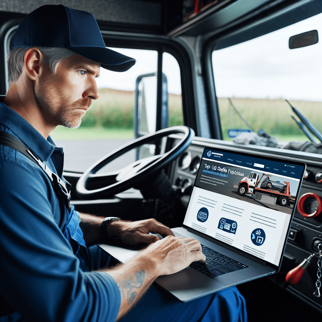 A tow truck driver creating helpful content on a laptop, with a blog post and infographic visible on the screen