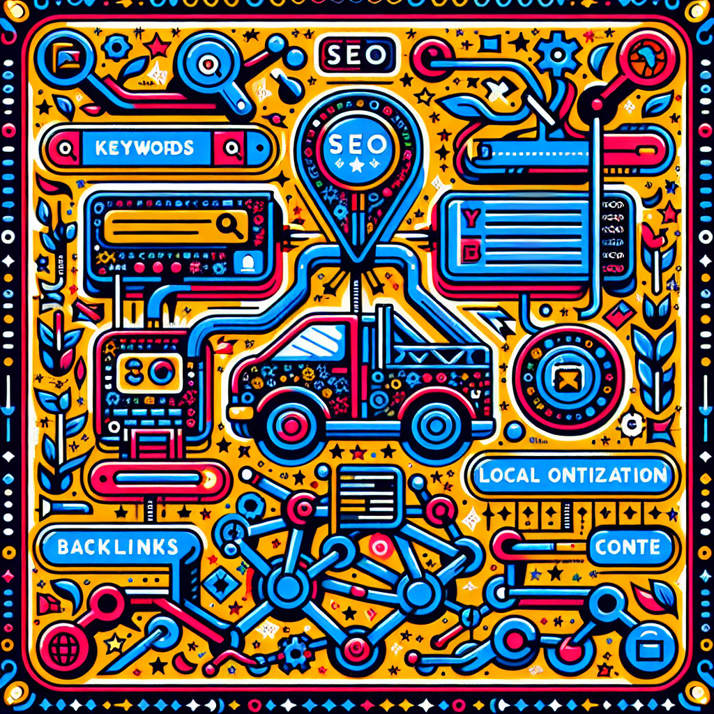 An illustration showing the various components of SEO, including keywords, content, backlinks, and local optimization