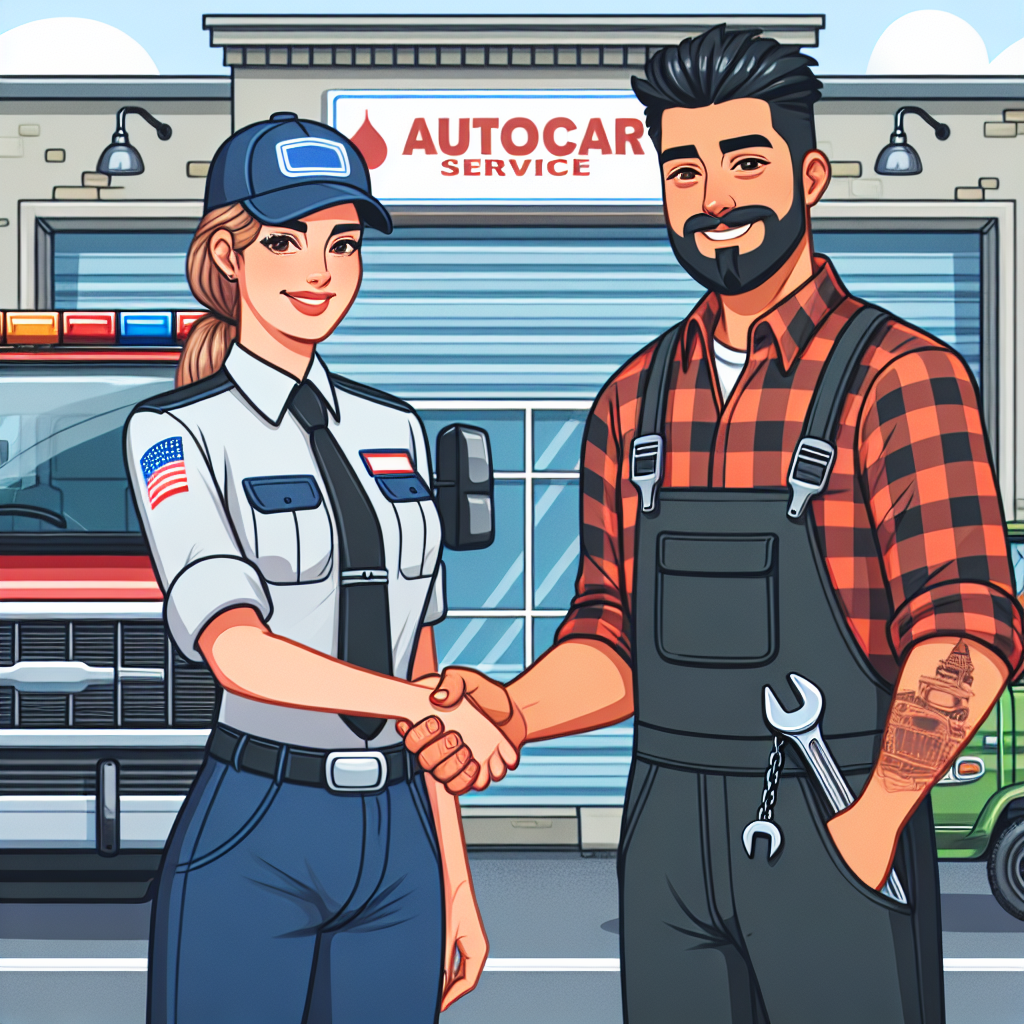 A handshake between a tow truck driver and a local auto repair shop owner, symbolizing a referral partnership