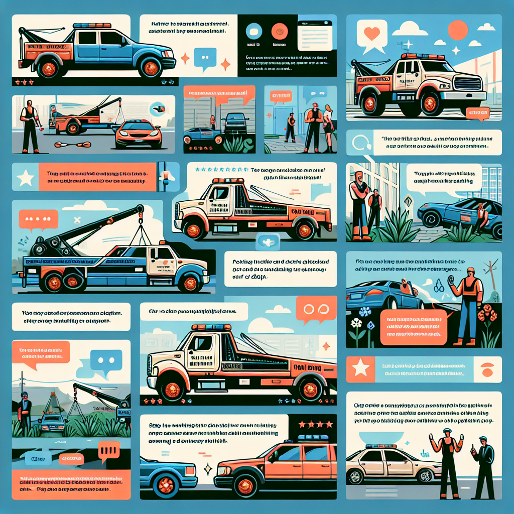 A collage of social media posts from a towing company, including photos of tow trucks, customer testimonials, and helpful tips for motorists