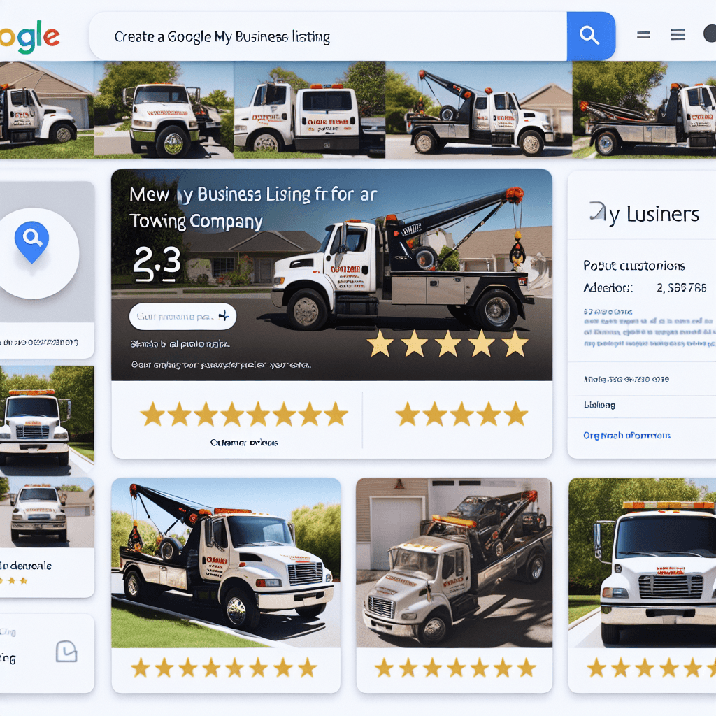 A screenshot of a towing company's Google My Business listing, showcasing customer reviews, photos, and contact information