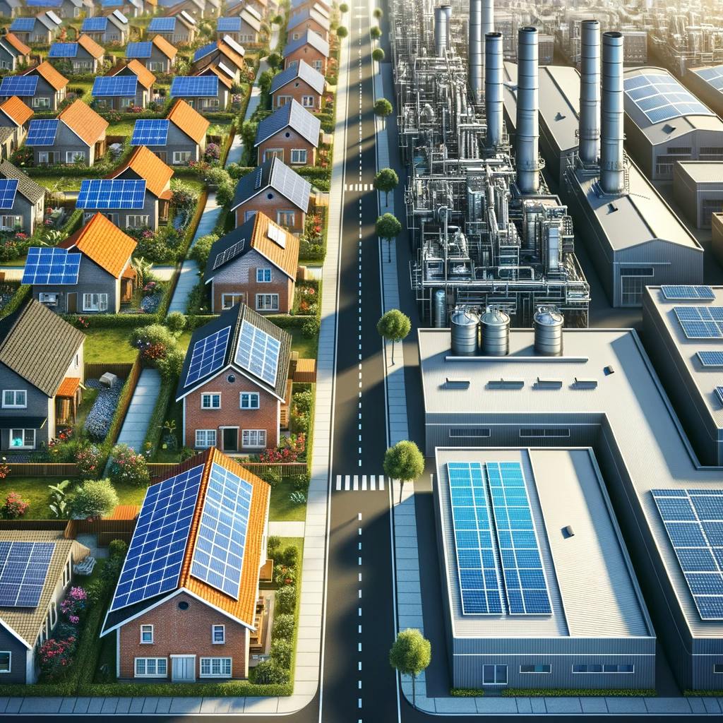 Split view of solar panels on homes and large commercial buildings
