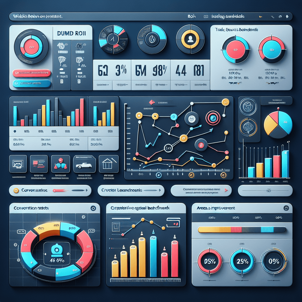 Example of a website ROI dashboard, showcasing key metrics, benchmarks, and insights for improvement