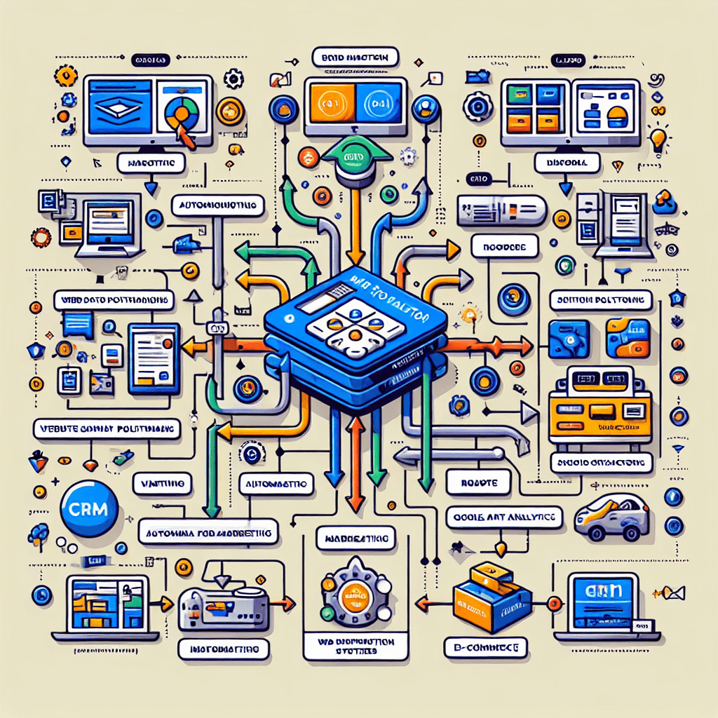 Diagram illustrating the integration of a website ROI calculator with various tools, such as CRM, marketing automation, web analytics, and e-commerce platforms