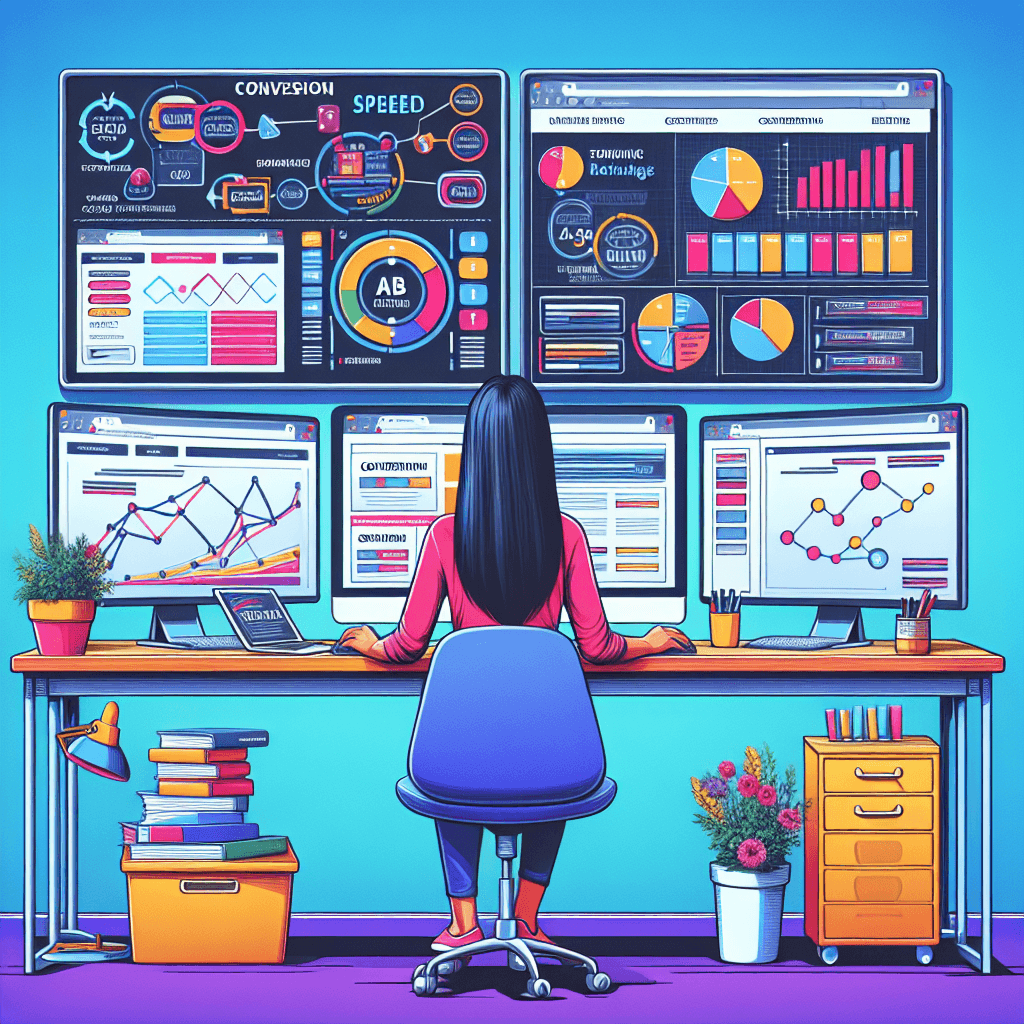 Illustration showcasing the process of website optimization, including A/B testing, user experience improvements, and data analysis