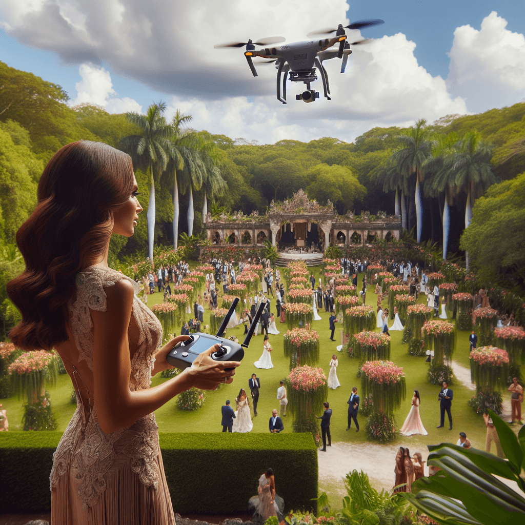 a wedding videographer flying a drone to capture aerial footage