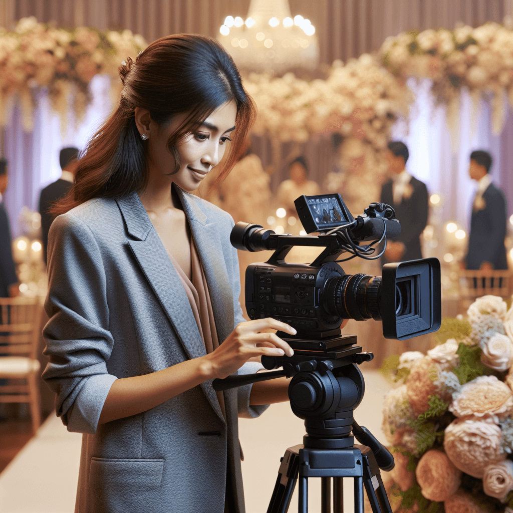 a wedding videographer setting up a camera on a tripod