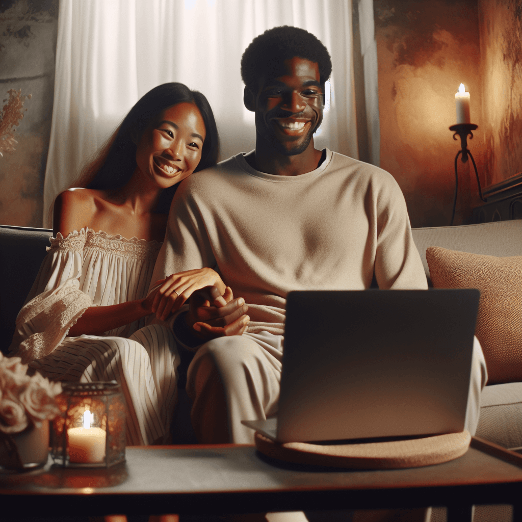 a couple watching their wedding film on a laptop, smiling and holding hands