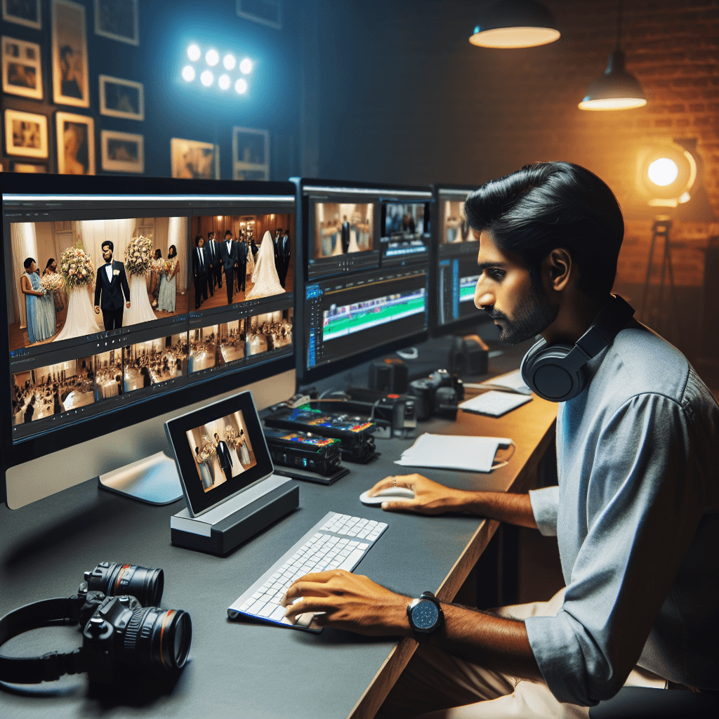 a wedding videographer editing footage on a computer