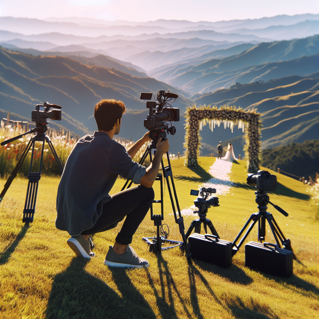 A videographer setting up equipment to capture a wedding ceremony with a scenic backdrop