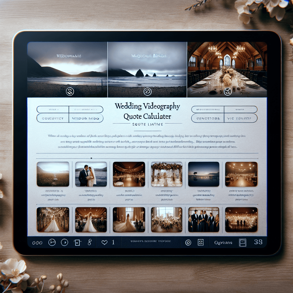 A wedding videography quote calculator with embedded video examples showcasing different packages and styles