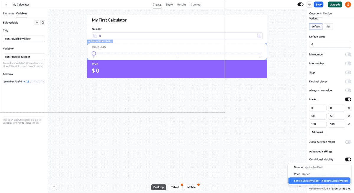 Select the newly created variable controlVisibilitySlider for conditional visibility