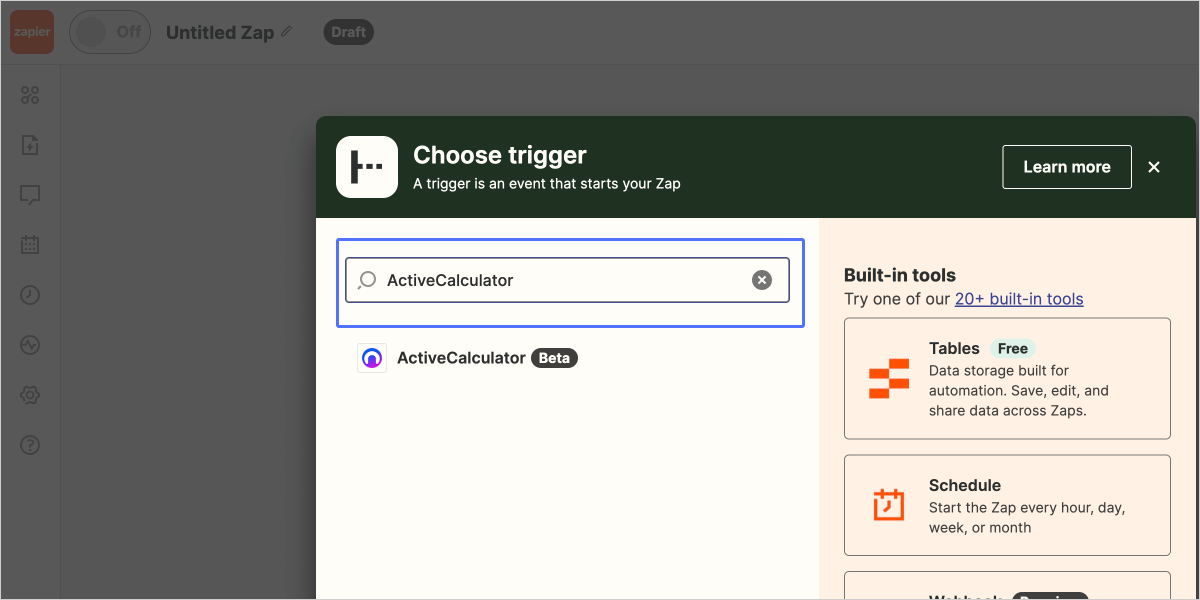 Select ActiveCalculator as Trigger App