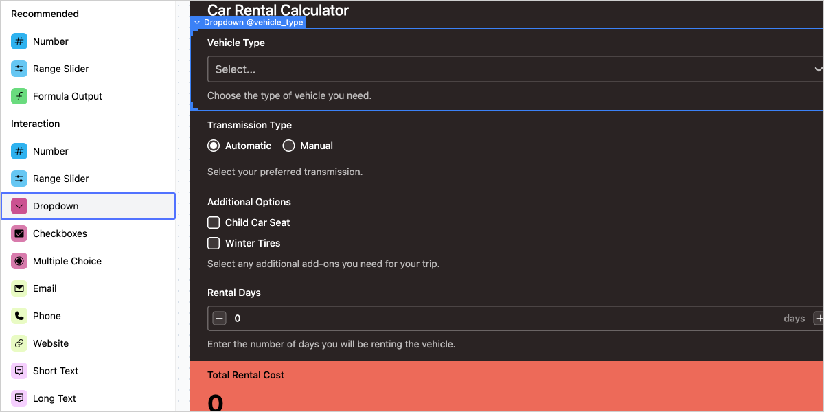Adding Dropdown Input Field in ActiveCalculator