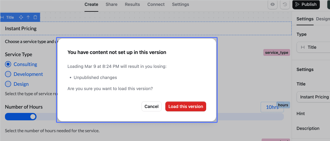 Unpublished changes warning