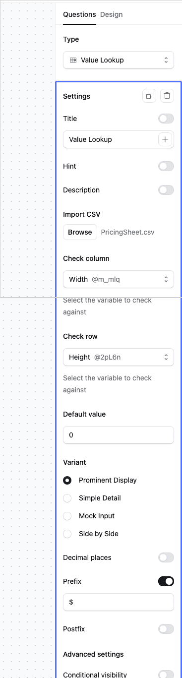 Value Lookup Settings