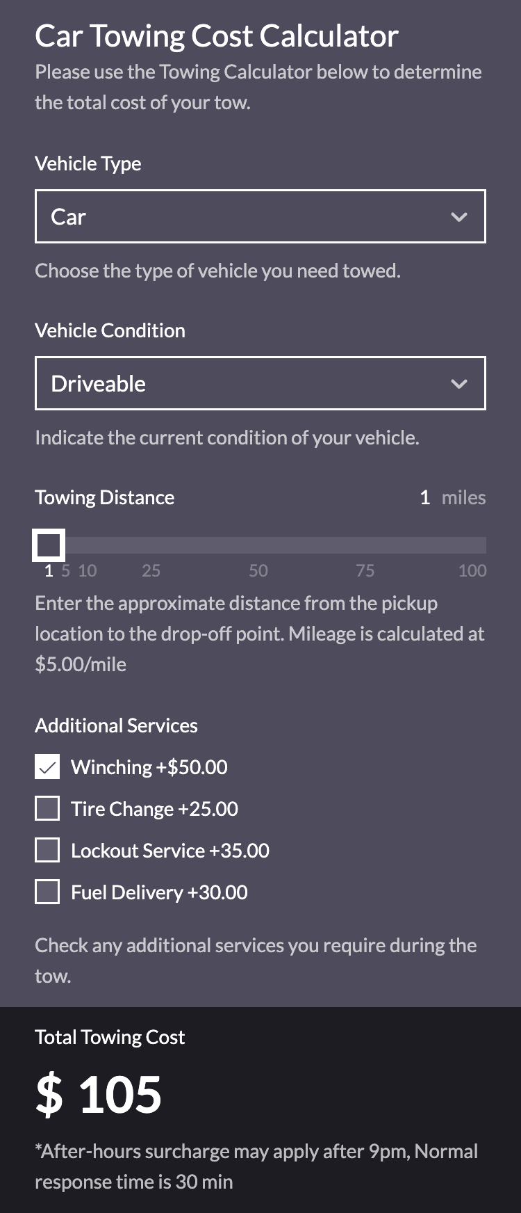 A screenshot of a car towing cost calculator embedded on a towing company's website, showcasing input fields for vehicle type, distance, and additional services