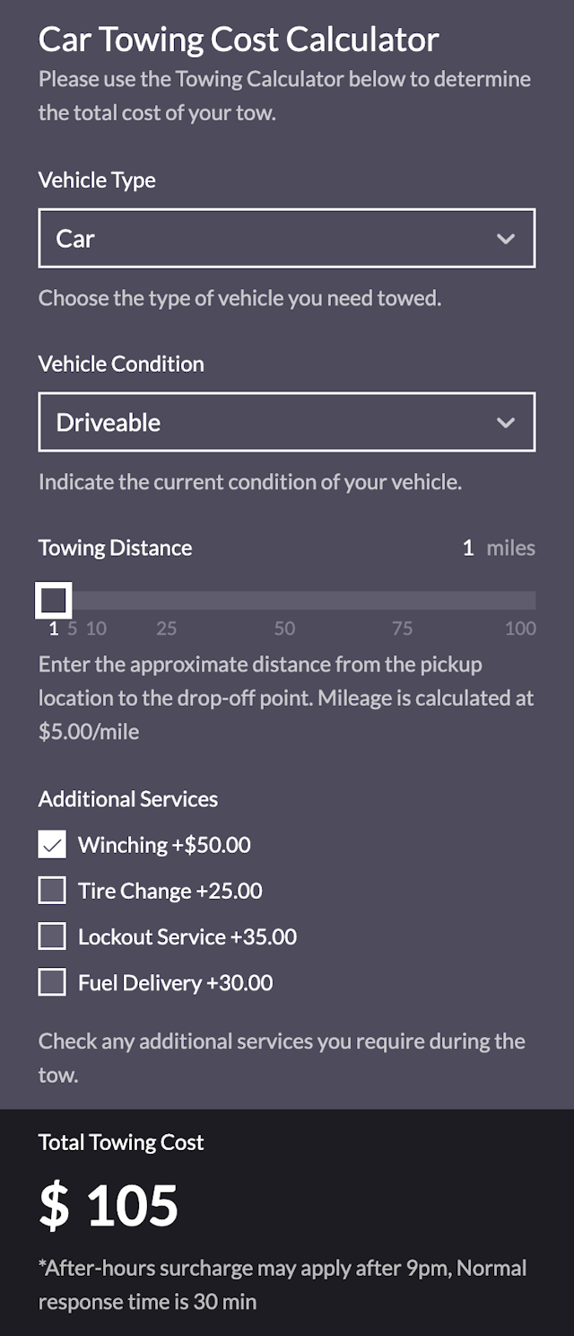 Car Towing Cost Calculator template - Made by ActiveCalculator