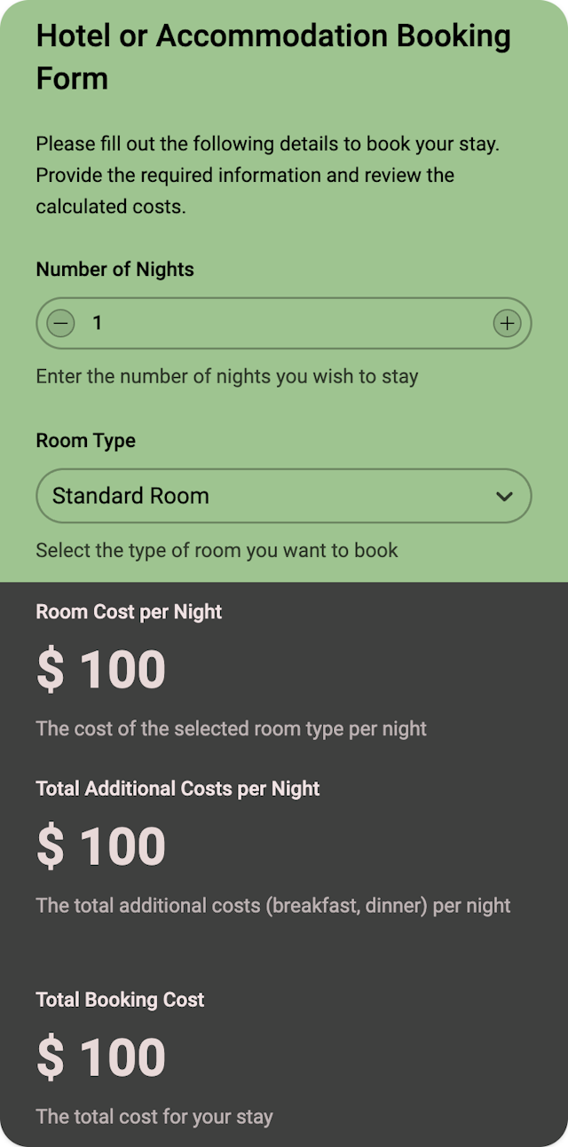 Hotel or Accommodation Booking Form template - Made by ActiveCalculator