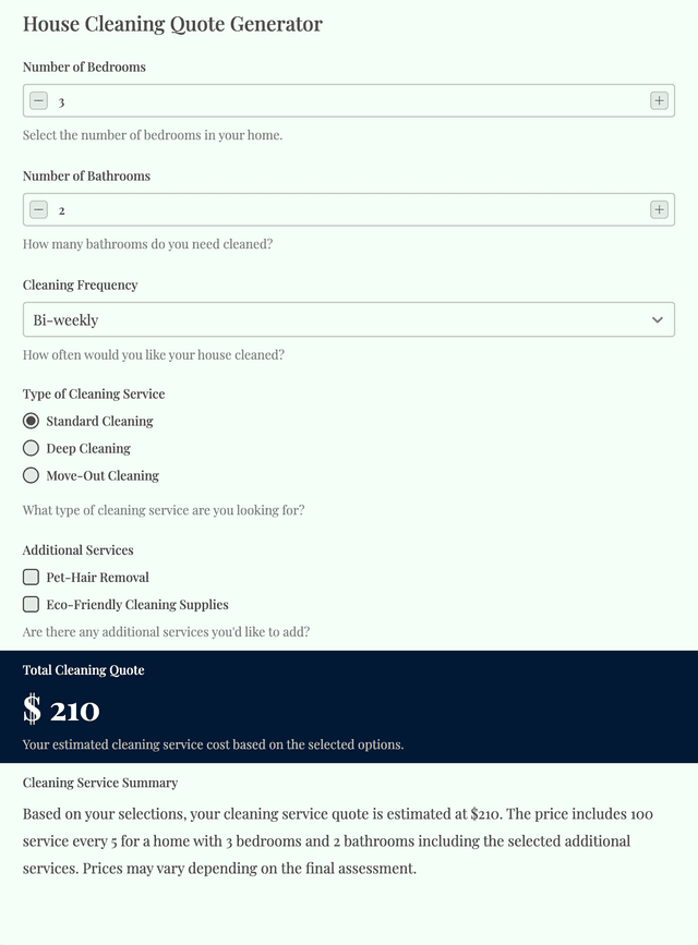 House Cleaning Quote Generator template - Made by ActiveCalculator