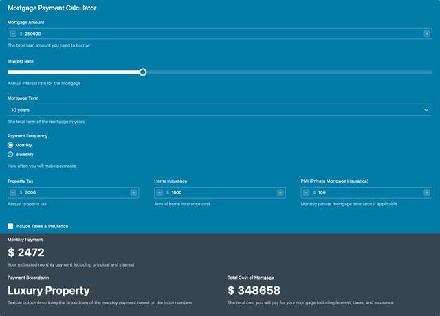 Mortgage Payment Calculator template - Made by ActiveCalculator