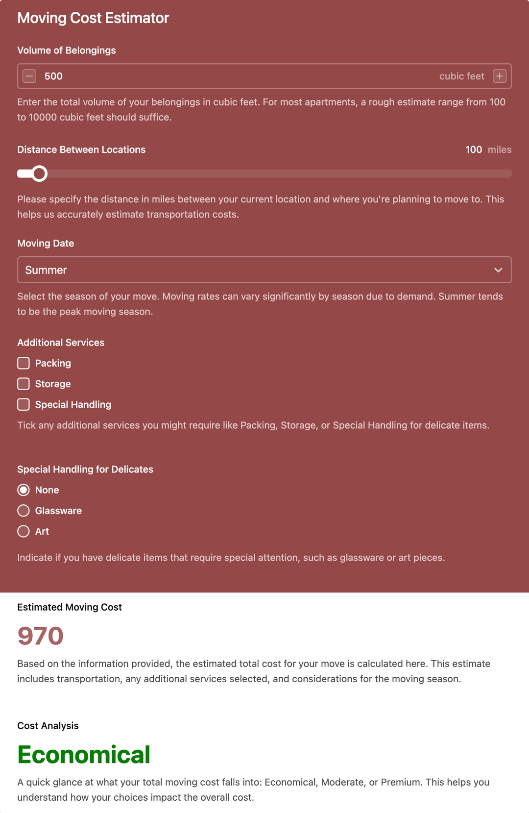 a screenshot of a moving estimate calculator form