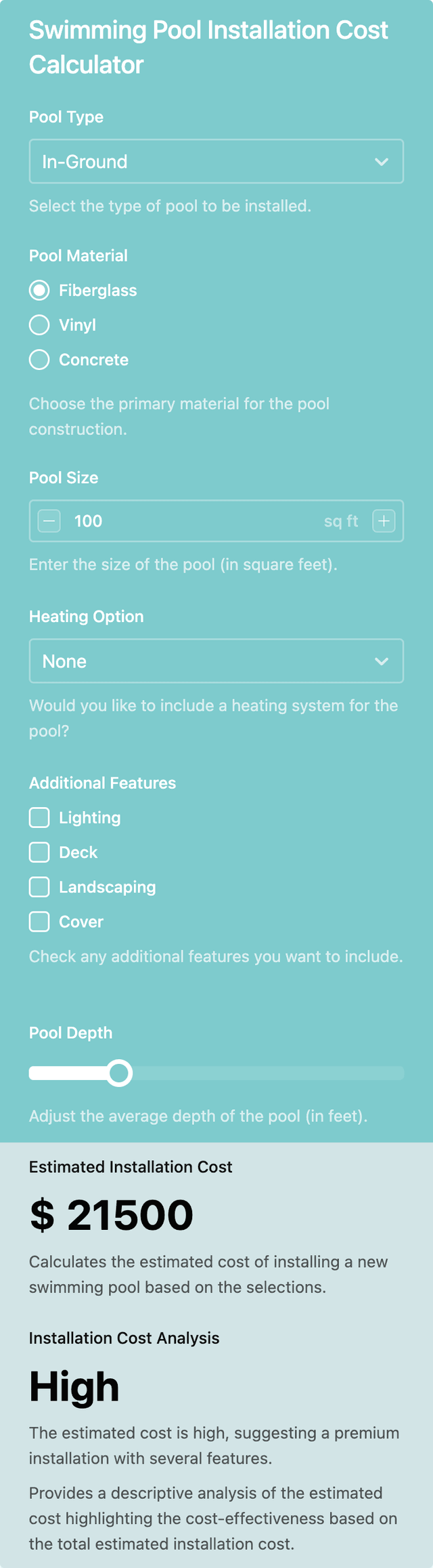 Swimming Pool Installation Cost Calculator template - Made by ActiveCalculator