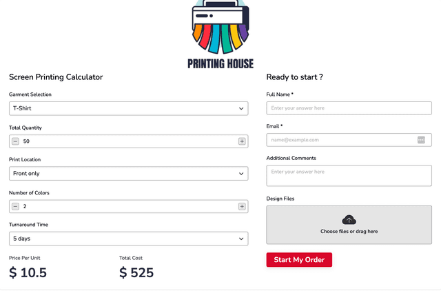 Screen Printing Cost Calculator template - Made by ActiveCalculator