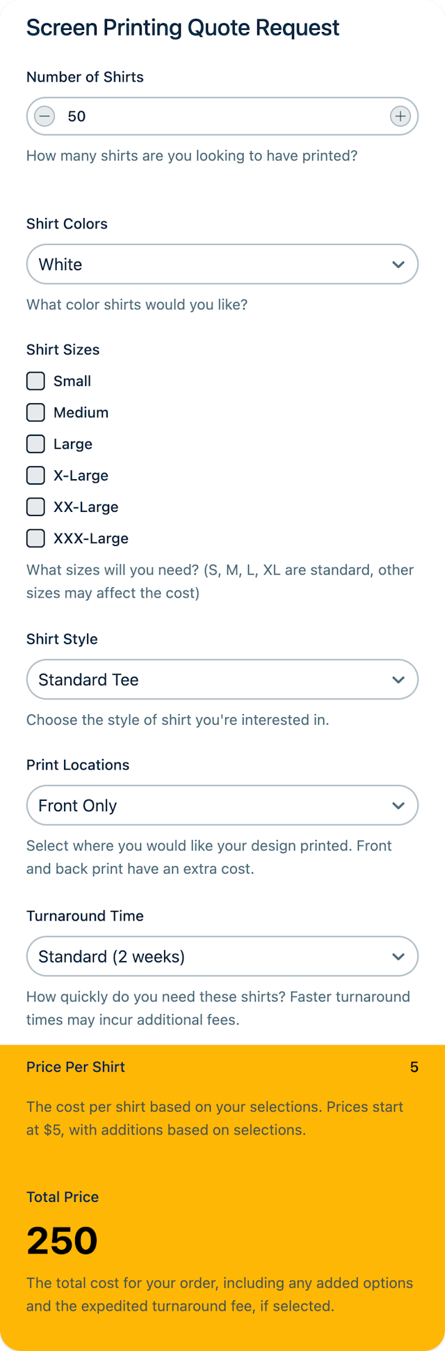 Screen Printing Quote Request template - Made by ActiveCalculator
