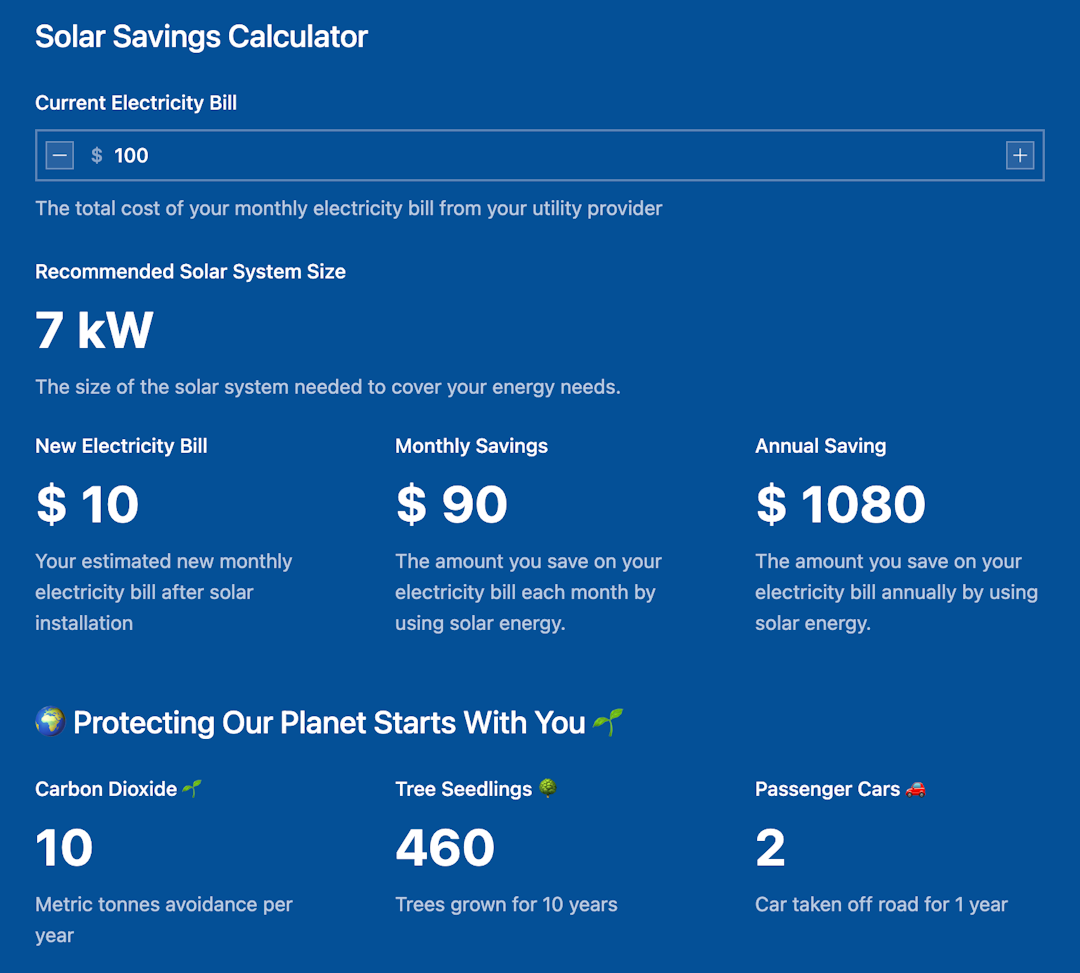 Screenshot of a user-friendly, mobile-optimized solar savings calculator